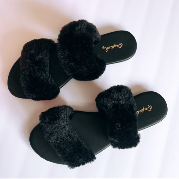 Black fuzzy fur slides slippers double band - Picture 8 of 11